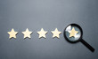 Five stars and a magnifying glass on the last star. Check the credibility of the rating or status of the institution, hotel, restaurant. Auditing, testing and certification. Getting the fifth star.