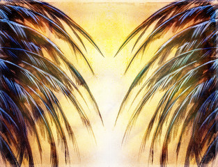 Poster - decorative graphic collage with feather motives on abstract background.