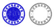 Grunge DESSERTS stamp seals isolated on a white background. Rosette seals with grunge texture in blue and grey colors. Vector rubber stamp imprint of DESSERTS label inside round rosette.