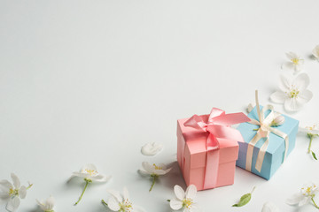 two gifts surrounded by Apple white flowers. blue and pink presents. pretty background