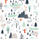 Seamless childish pattern with trees, mountains and clouds