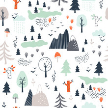 Seamless Childish Pattern With Trees, Mountains And Clouds