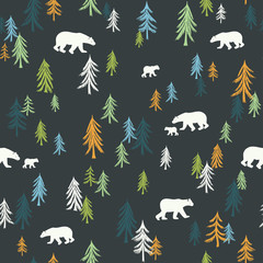Wall Mural - Seamless pattern with trees and bears on a dark background