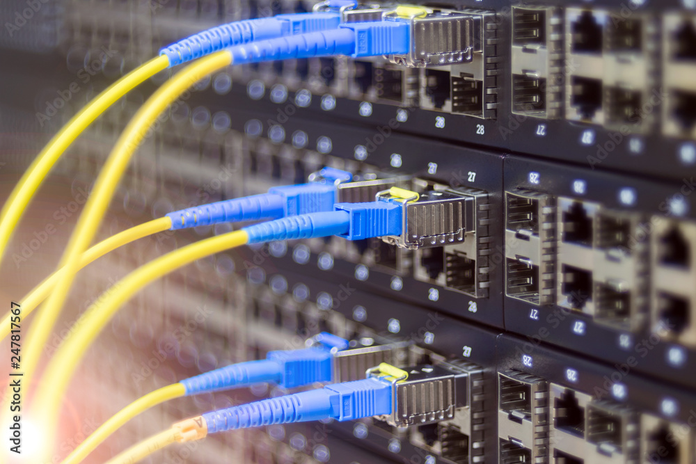Fiber-optic wires are connected to the Internet switch module. Server ...