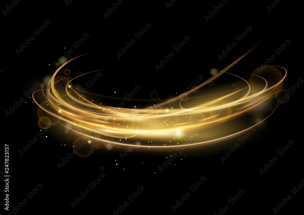 Vector illustration of golden abstract transparent light effect isolated on black background, round sparcles and light lines in golden color. Abstract background for science, futuristic, energy - obrazy, fototapety, plakaty 