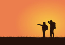 Realistic Illustration Of A Silhouette Of A Pair Of Tourists With Backpacks, Men And Women On A Walk. A Woman Shows Her Hand, A Man Looks. Isolated On An Orange Background, Vector