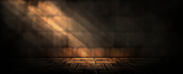 Background of an empty dark-black room. Empty brick walls, lights, smoke, glow, rays