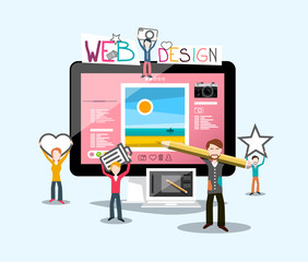 Wall Mural - Web Design Concept with Graphic Designers, Elements and Big Computer