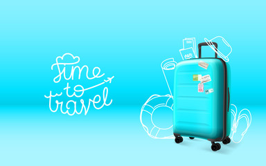 Poster - Blue plastic suitcase on blue background. Time to travel concept