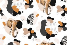 Hand Drawn Vector Abstract Creative Graphic Artistic Illustrations Seamless Collage Pattern With Sketch Elephant Drawing And Tropical Palm Leaves In Tribal Mottif Isolated On White Background
