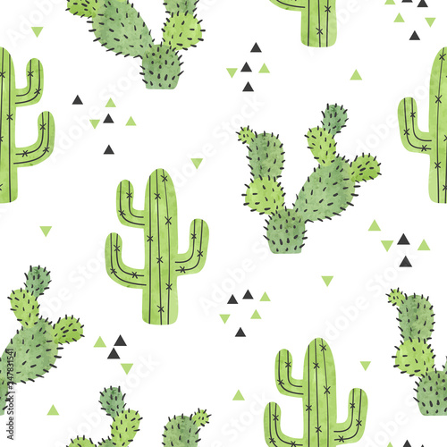 Watercolor cactus seamless pattern. Vector background with green cactus isola...