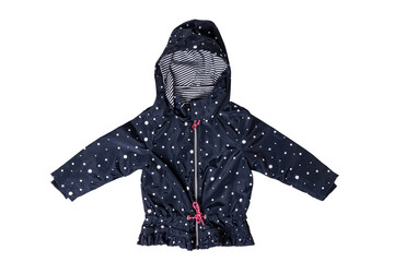 Kids jacket isolated. A stylish fashionable dark blue jacket with white dots and blue white striped lining for the little girl. A rain coat and windbreaker with hood for spring and autumn.