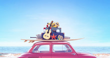 Car With Luggage Ready For Summer Travel Holidays 3D Rendering	