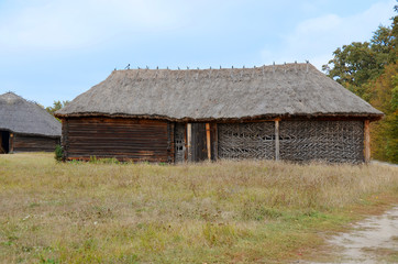 Countryside with old wooden huts and windmills