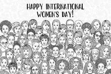 Banner For International Women's Day - A Variety Of Women's Faces From All Over The World, Diverse Group Of Hand Drawn Women