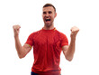 © Elena Kharichkina - Athlete / fan on red uniform celebrating on white background