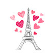 Vertical shot of hand drawn Eiffel Tower in Paris with pink hearts isolated over white background. Romance and love concept.