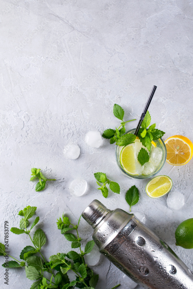 Ingredients for Mojito Cocktails or other drinks on a gray concrete background - obrazy, fototapety, plakaty 