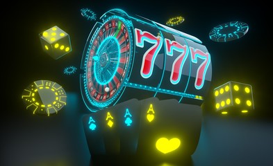 Casino Gambling Concept With Futuristic Neon Lights - 3D Illustration