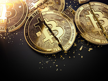 Close-up Shot On Broken Or Cracked Bitcoin Coins Laying On Black Background. Bitcoin Crash Concept. 3D Rendering