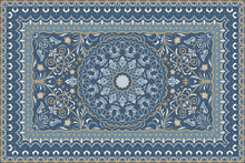 Vintage Arabic Pattern. Persian Colored Carpet. Rich Ornament For Fabric Design, Handmade, Interior Decoration, Textiles. Blue Background.