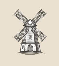 Windmill, Mill Logo Or Label. Farm, Agriculture Symbol. Sketch Vector Illustration
