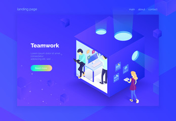 Poster - Teamwork. A group of people in the work process. Landing page. Project work. Vector illustration of an isometric style on an ultraviolet background.