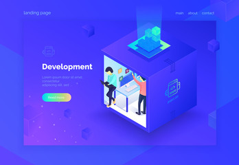 Poster - Web application development. Teamwork. A group of people in the work process. Landing page. Vector illustration isometric style on a ultraviolet background. 