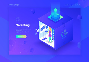 Poster - Digital marketing, projekt analysis. Teamwork. A group of people in the work process. Landing page. Vector illustration isometric style on a ultraviolet background. 