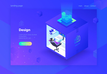 Poster - Web design, creative process. Teamwork. A group of people in the work process. Landing page. Vector illustration isometric style on a ultraviolet background. 