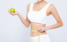 Beautiful Asian Woman Diet And Slim With Measuring Waist For Weight And Holding Green Apple Fruit Isolated On White Background, Girl Have Cellulite And Calories Loss With Tape Measure, Health Concept.