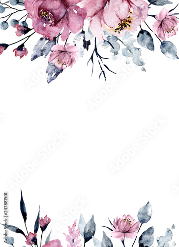 Greeting card frame border with watercolor pink flowers, botanical hand paint...