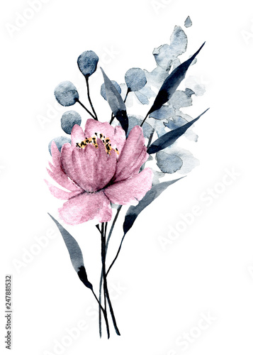 Watercolor pink flower, botanical hand painting, isolated on white background.