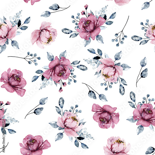 Seamless pattern with watercolor pink flowers, botanical hand painting, isola...