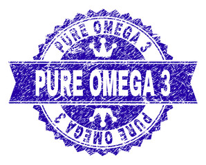 Sticker - PURE OMEGA 3 rosette stamp seal imitation with grunge texture. Designed with round rosette, ribbon and small crowns. Blue vector rubber print of PURE OMEGA 3 title with scratched texture.