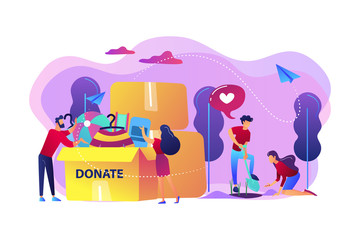 Volunteers like helping, planting seeds and donating clothes and toys into a box. Volunteering, volunteer services, altruistic job activity concept. Bright vibrant violet vector isolated illustration