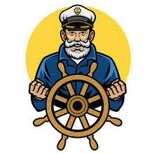 old sailor captain holding the ship wheel