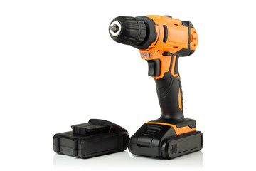 Poster - cordless drill, screwdriver and battery on white background