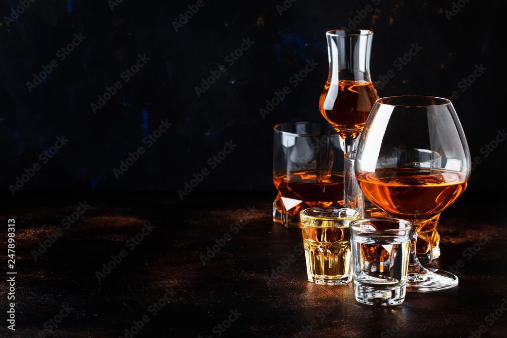 Selection of hard alcoholic drinks in big glasses and small shot glass in assortent: vodka, rum, cognac, tequila, brandy and whiskey. Dark vintage background, selective focus, copy space - obrazy, fototapety, plakaty 