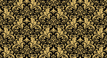 Wallpaper In The Style Of Baroque. Seamless Vector Background. Black And Gold Floral Ornament. Graphic Pattern For Fabric, Wallpaper, Packaging. Ornate Damask Flower Ornament