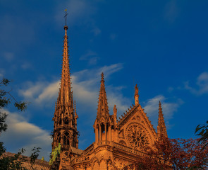 Wall Mural - Details of the southern facade of Notre Dame de Paris Cathedral facade with the rose window and ornate spires in the warm light of sunset