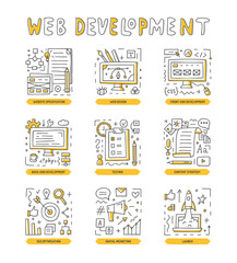 Fototapete - Web development doodle icon set. Documentation, design, coding, content, marketing, startup, seo. Vector illustration.