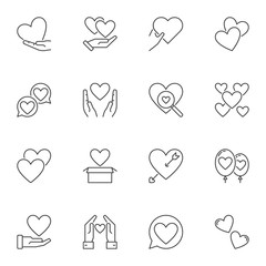 Aufkleber - Set of Heart and Love concept outline icons. Hand with Heart signs in thin line style
