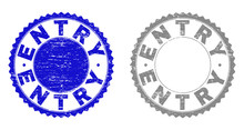 Grunge ENTRY Stamp Seals Isolated On A White Background. Rosette Seals With Grunge Texture In Blue And Gray Colors. Vector Rubber Stamp Imitation Of ENTRY Caption Inside Round Rosette.
