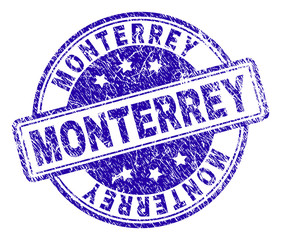 Wall Mural - MONTERREY stamp seal watermark with distress texture. Designed with rounded rectangles and circles. Blue vector rubber print of MONTERREY tag with dirty texture.