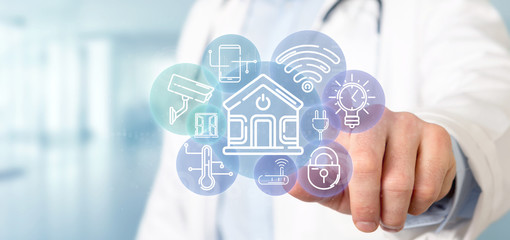 Poster - doctor holding smart home interface with icon, stats and data 3d rendering