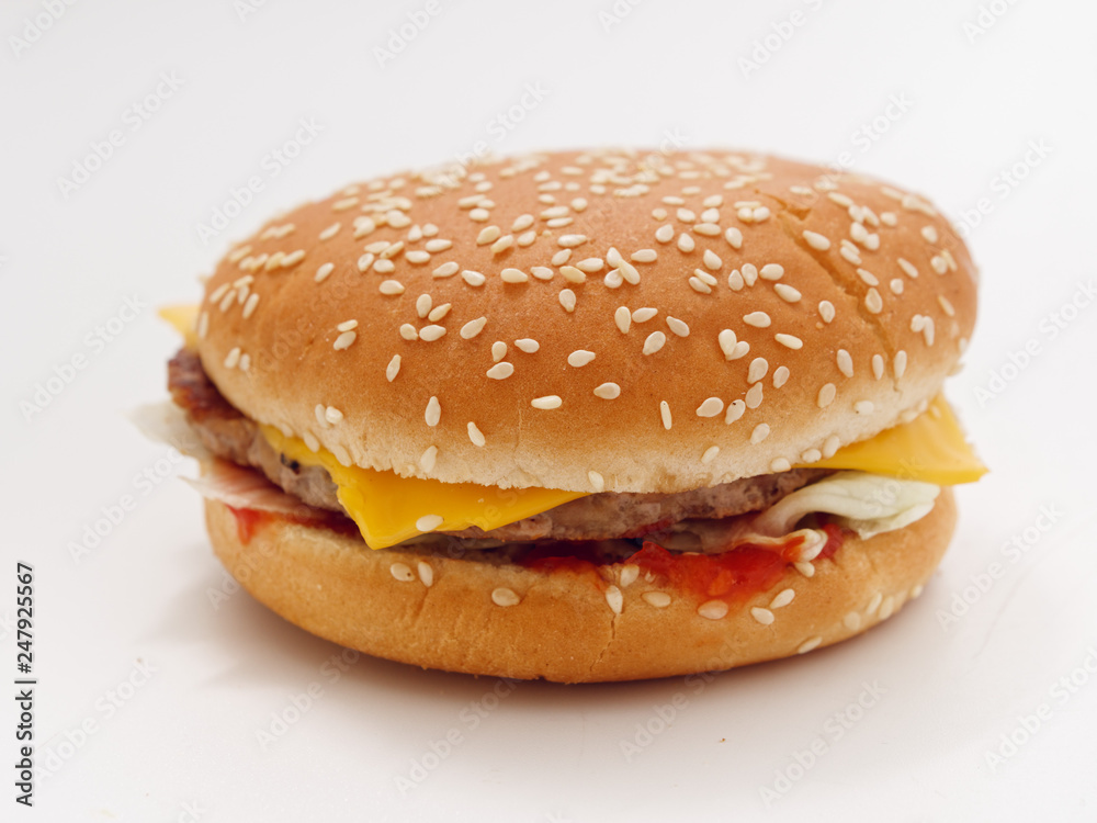 fast food small burger on white background Stock Photo | Adobe Stock