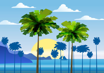 Wall Mural - Summer sunny tropical backgrounds seascape with palms seaside, mountanes sky horison, sunset. Vector illustration, isolated, template