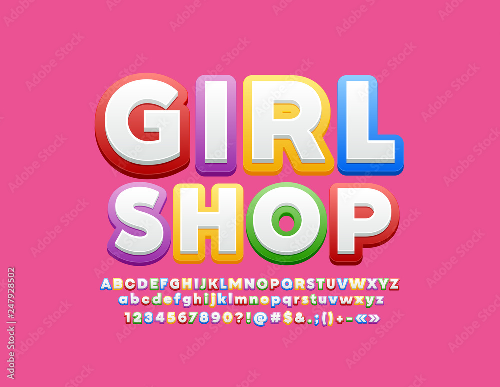 Vector colorful Logo Girl Shop. Set of bright Alphabet Letters, Numbers ...