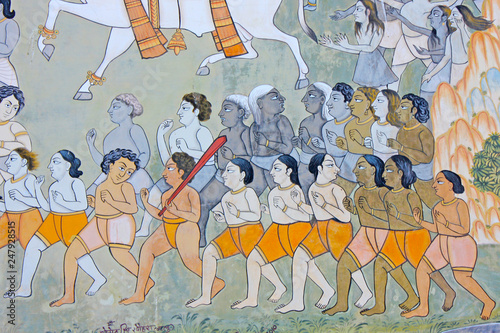 Fotografía Colorful indian mural in the fort at Jodhpur showing a royal procession, includi